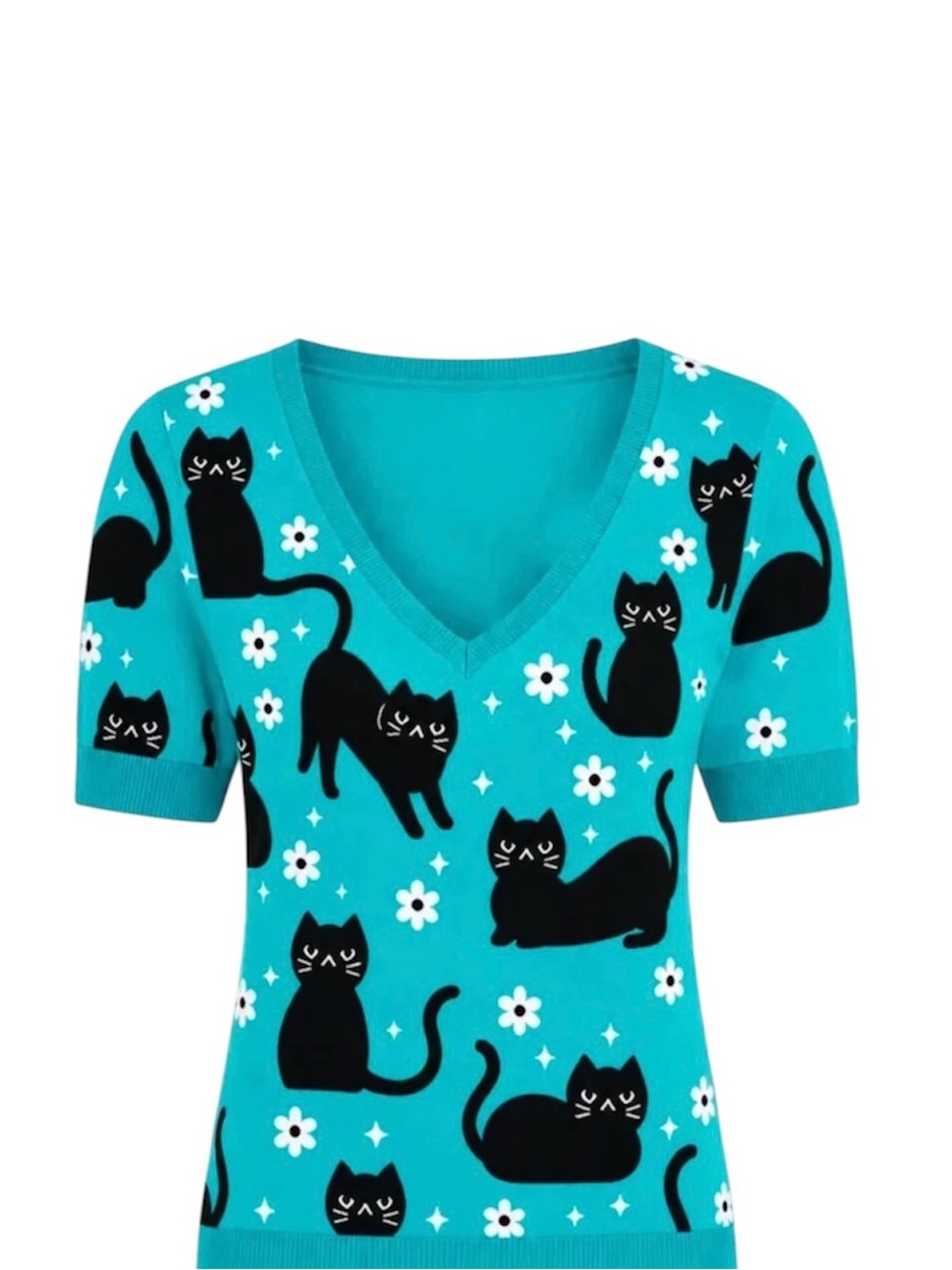 OXKNIT Turquoise Cat snd Daisy Print Short Sleeve Sweater Size M